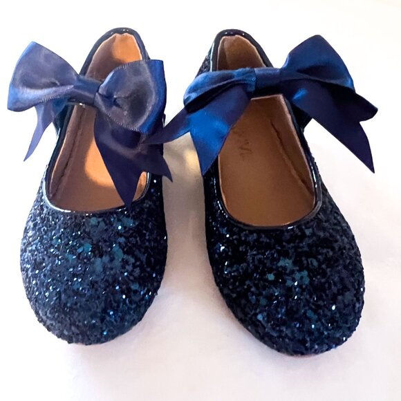 Navy Blue Rock Glitter Mary Jane Flats Toddler Girl Bow Dress Shoes - Picture 2 of 9